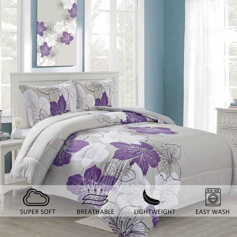 Menghomeus Queen Comforter Set Purple Floral Pattern Printed on Grey  Soft Microfiber Bedding Set Lightweight Bed Comforter Set for All Season (1 Comforter  2 Pillowcases) - Image 2
